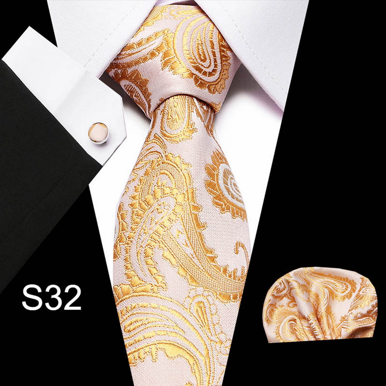 PAHALA Mens Silk Jacquard Woven Necktie Cufflinks Pocket Square Set Box