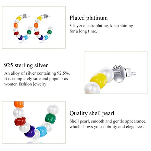 PAHALA 925 Sterling Silver Cute Rainbow Shell Pearl Hoop Earrings Stud Earrings