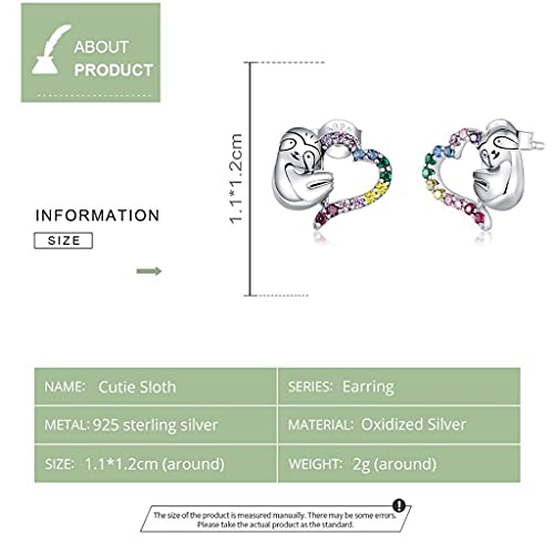 PAHALA 925 Sterling Silver Rainbow Color Heart With Crystals Sloth Stud Earrings