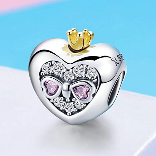 PAHALA 925 Strling Silver Princess Crown Pink Heart Charms Charm