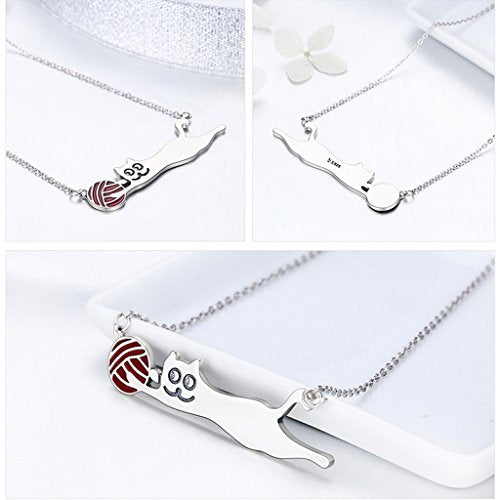 PAHALA 925 Sterling Silver Cat with Red Enamel Ball Clear CZ Pendant Necklace