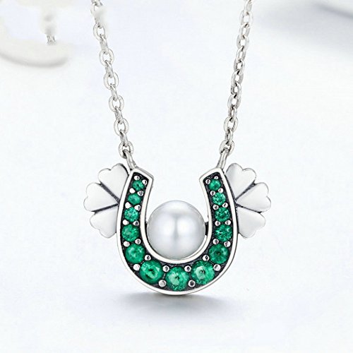 PAHALA 925 Sterling Silver Horseshoe with Green Crystals Pendant Necklace Ring Jewelry Set