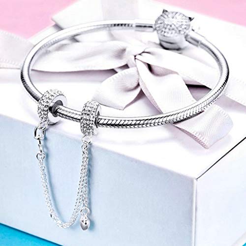 PAHALA 925 Strling Silver Love Heart Safety Chain with Pendant Charms Beads