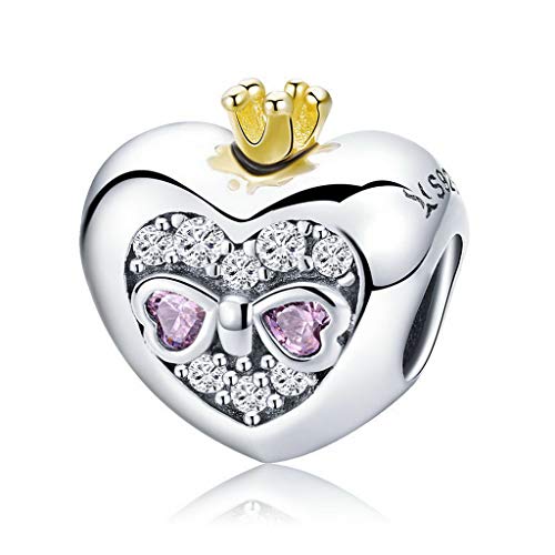 PAHALA 925 Strling Silver Princess Crown Pink Heart Charms Charm