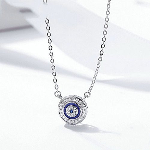 PAHALA 925 Sterling Silver Blue Eye Round Crystals Clear CZ Pendant Necklace