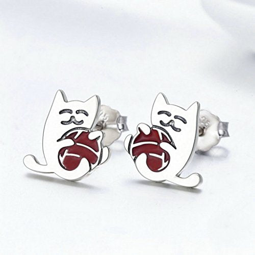 PAHALA 925 Sterling Silver Cat With Enamel Ball Fashion Stud Earrings