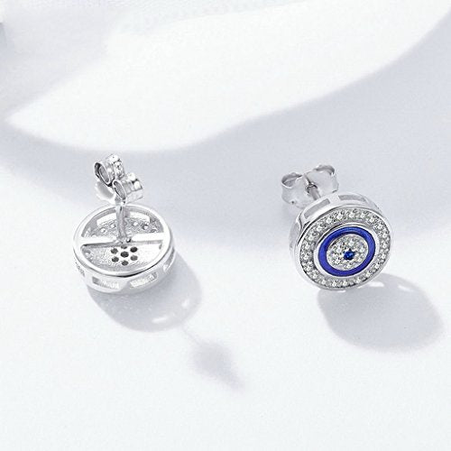PAHALA 925 Sterling Silver Round Blue Eye With Crystals Stud Earrings