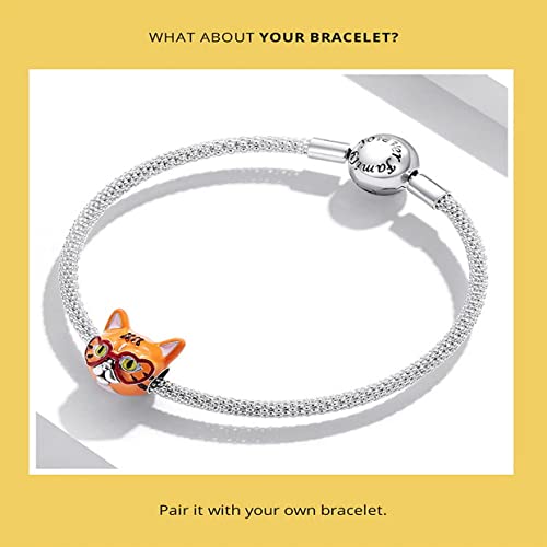 PAHALA 925 Sterling Silver Enamel Cartoon Cute Sweet Heart Tabby Cat Charm Bead