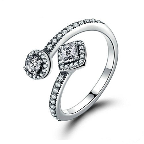 PAHALA 925 Sterling Silver Classic Round Square Open Crystals Cubic Zirconia Vintage Wedding Engagement Band Ring
