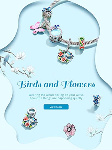 PAHALA 925 Sterling Silver Colorful Birds Flowers Leaves CZ Pendant Spring Charm Bead