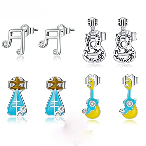 PAHALA 925 Sterling Silver Cute Simple Musical Instrument Guitar Lute Stud Earrings