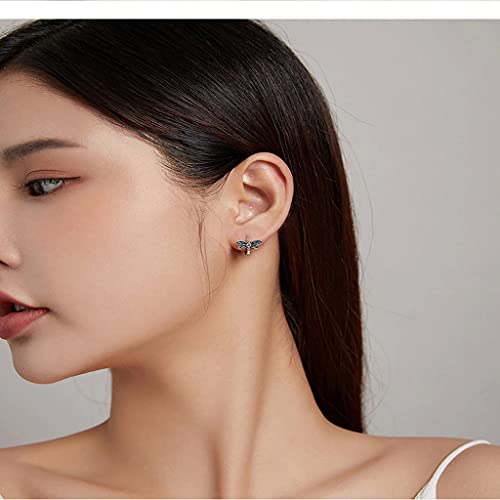 PAHALA 925 Sterling Silver Cute Authentic Retro Dragonfly Crystals Stud Earrings