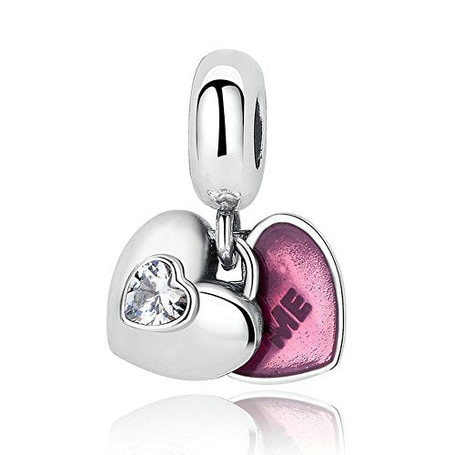 PAHALA 925 Sterling Silver You and Me Heart Enamel with Crystal Charms Pendant Fit Bracelets Necklace