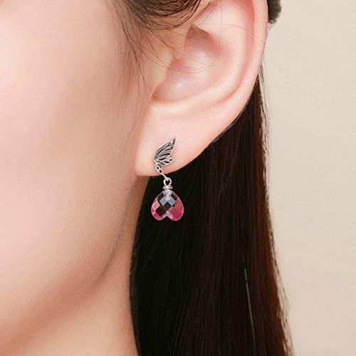 PAHALA 925 Sterling Silver Pink Heart Hope Wings With Crystal Drop Earrings