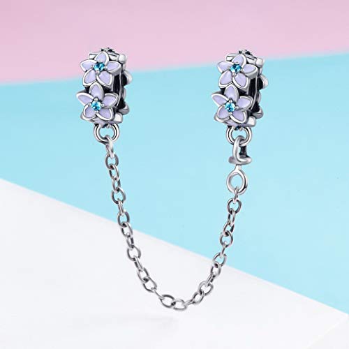 PAHALA 925 Sterling Silver Purple Enamel Daisy Flower with Crystals Safety Chain Charm Bead