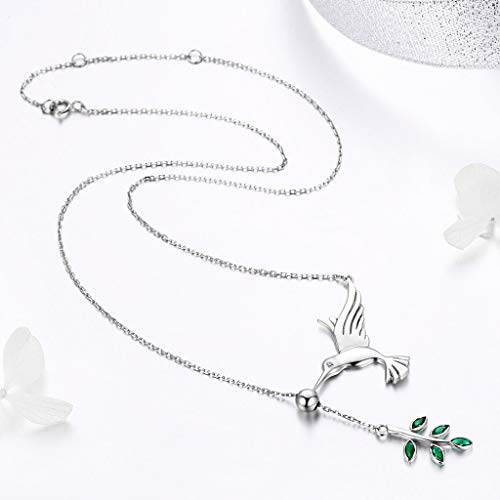 PAHALA 925 Sterling Silver Bird Tree Leaf with Crystals Clear CZ Pendant Necklace