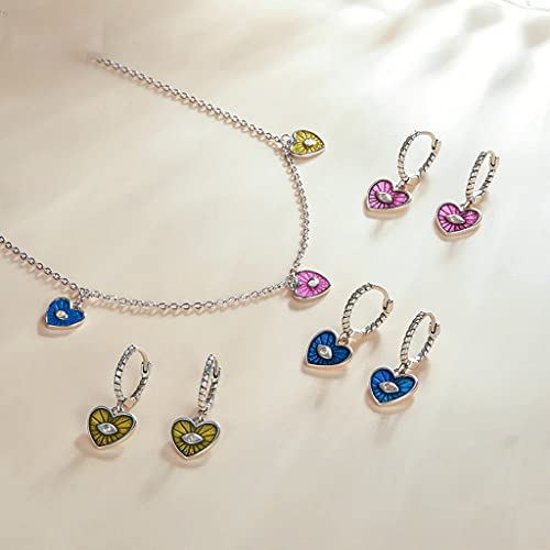 PAHALA 925 Sterling Silver Enamel Colorful Heart Demon Eye Sapphire Hoop Drop Earrings