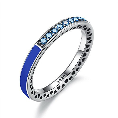 PAHALA 925 Sterling Silver 6 Colors Enamel Hearts with Crystals Cubic Zirconia Pave Wedding Engagement Band Ring (Blue, 8)