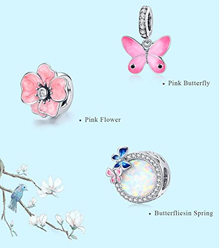 PAHALA 925 Sterling Silver Colorful Birds Flowers Leaves CZ Pendant Spring Charm Bead