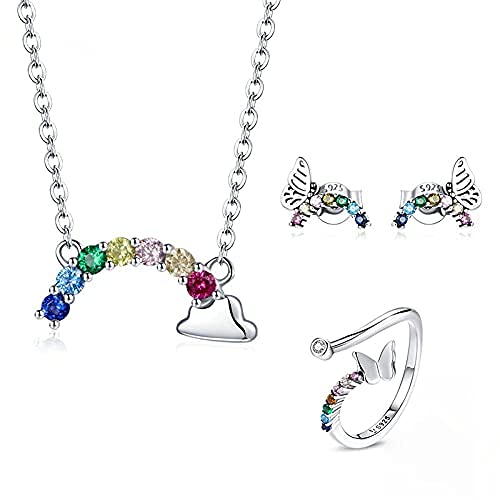 PAHALA 925 Sterling Silver Summer Lucky Rainbow Chain Cloud Colorful Crystal Pendant Wedding Necklace
