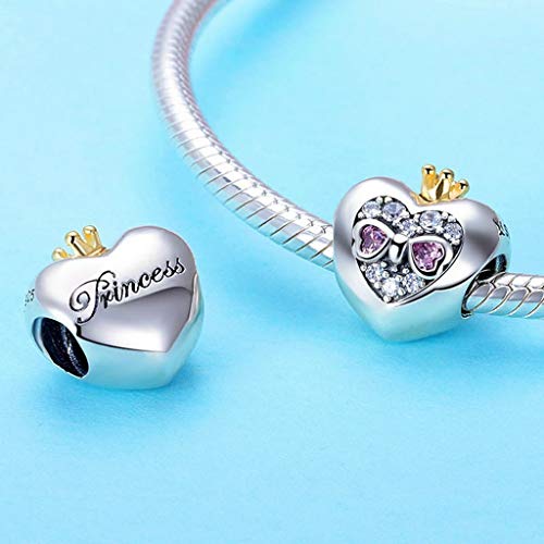 PAHALA 925 Strling Silver Princess Crown Pink Heart Charms Charm