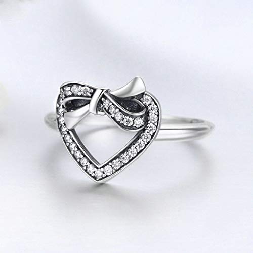 PAHALA 925 Strling Silver Bowknot Love Heart Crystals Finger Weeding Party Ring
