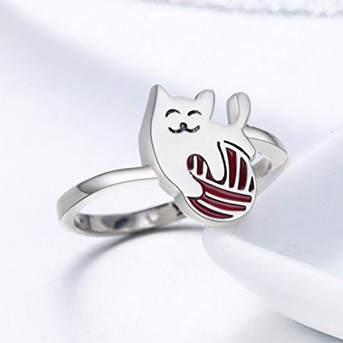 PAHALA 925 Sterling Silver Cat with Enamel Red Ball Wedding Engagement Band Ring