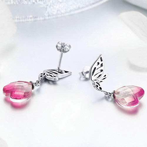 PAHALA 925 Sterling Silver Pink Heart Hope Wings With Crystal Drop Earrings