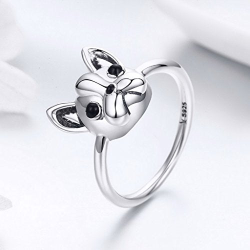 PAHALA 925 Sterling Silver Loyal Partners French Bulldog Vintage Wedding Engagement Band Ring