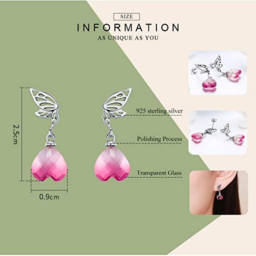 PAHALA 925 Sterling Silver Pink Heart Hope Wings With Crystal Drop Earrings