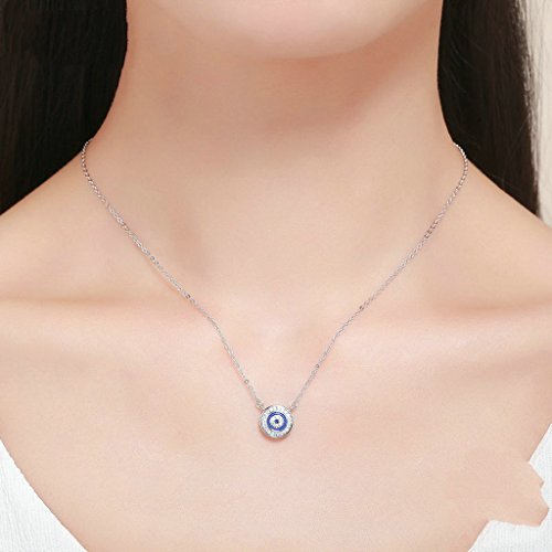PAHALA 925 Sterling Silver Blue Eye Round Crystals Clear CZ Pendant Necklace