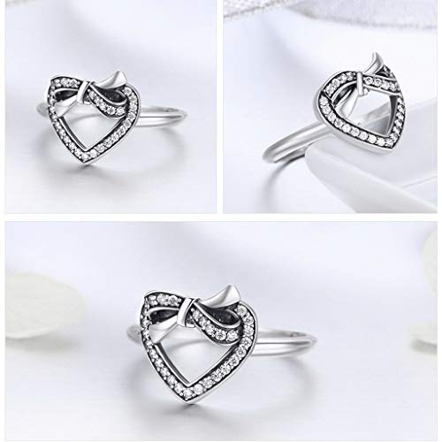 PAHALA 925 Strling Silver Bowknot Love Heart Crystals Finger Weeding Party Ring