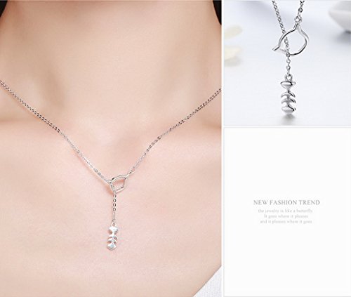 PAHALA 925 Sterling Silver Sweet Little Cat Love Fish Clear CZ Pendant Necklace