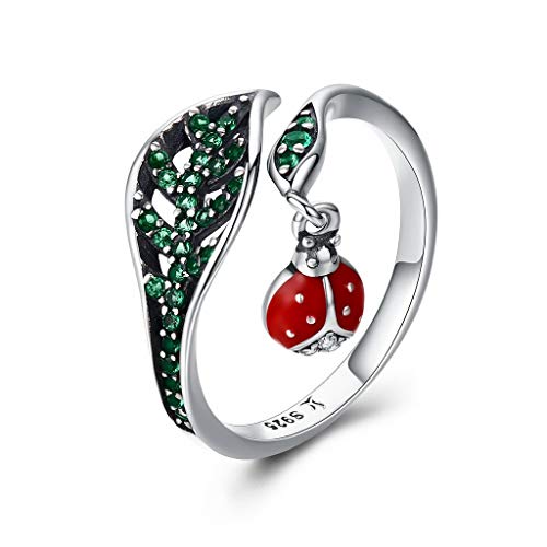 PAHALA 925 Strling Silver Resting Ladybug Dangle in Tree Finger Weeding Party Ring