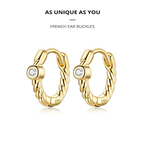 PAHALA 925 Sterling Silver Simple Golden Crystal Geometric Cuff Round Hoop Drop Earrings