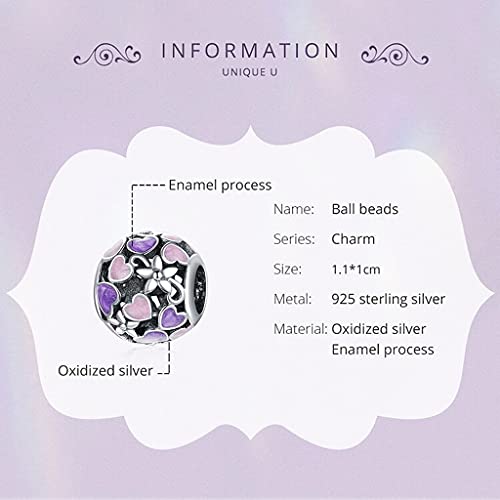 PAHALA 925 Sterling Silver Enamel Heart Purple Pink Ball Round Flower Charm Bead