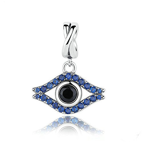 PAHALA 925 Strling Silver Eye Shaped with Blue Crystals Charms Pendant Fit Bracelets Necklace