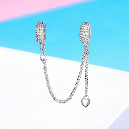 PAHALA 925 Strling Silver Love Heart Safety Chain with Pendant Charms Beads