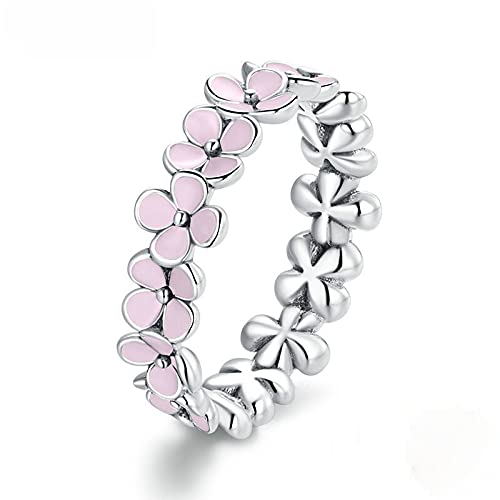 PAHALA 925 Strling Silver Enamel Pink Sakura Wreath Weeding Party Engagement Ring