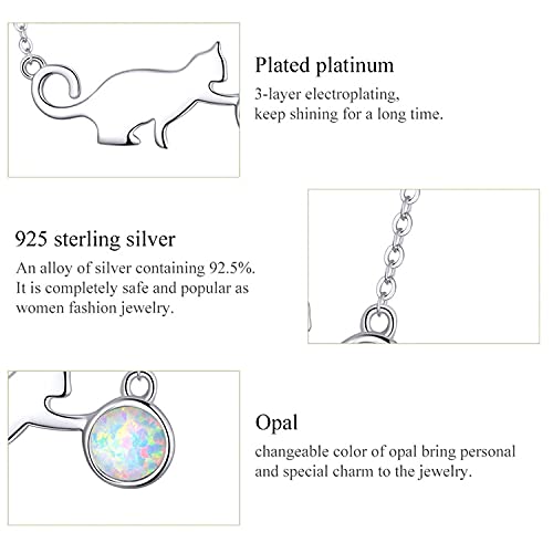 PAHALA 925 Sterling Silver Cute Pussy Cat with Ball Opal Pendant Necklace