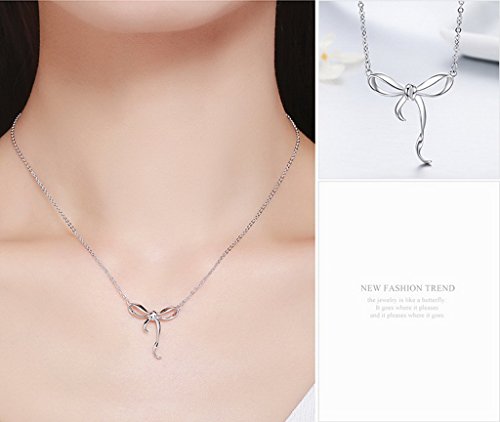 PAHALA 925 Sterling Silver Authentic Bowknot Clear CZ Pendant Necklace