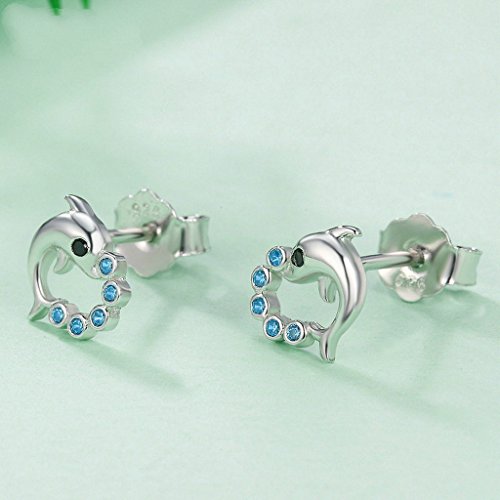 PAHALA 925 Sterling Silver Cut Dolphin With Blue Crystals Party Wedding Stud Earrings