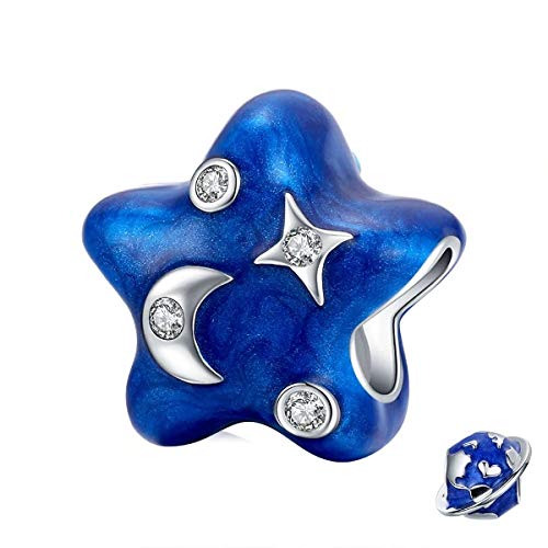 PAHALA 925 Strling Silver Blue Moon Star Enamel Bead with Crystals Charm Bead