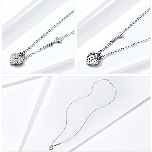 PAHALA 925 Sterling Silver Love Heart Lock Key Crystals Pendant Wedding Necklace