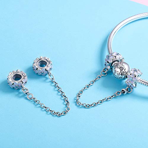 PAHALA 925 Sterling Silver Purple Enamel Daisy Flower with Crystals Safety Chain Charm Bead