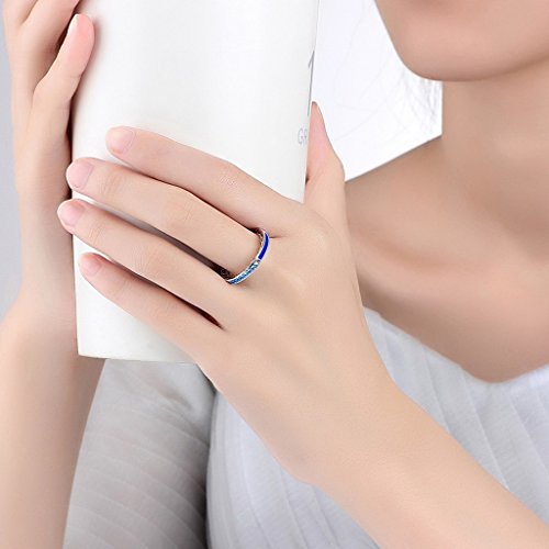 PAHALA 925 Sterling Silver 6 Colors Enamel Hearts with Crystals Cubic Zirconia Pave Wedding Engagement Band Ring (Blue, 8)