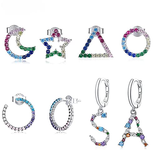 PAHALA 925 Sterling Silver Rainbow Blue Purple Dream Stud Round Crystal Earrings