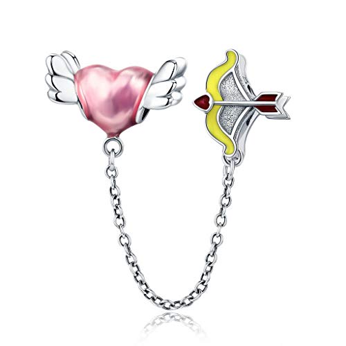PAHALA 925 Sterling Silver Enamel Romantic Heart Arrow Safety Chain Charm Bead