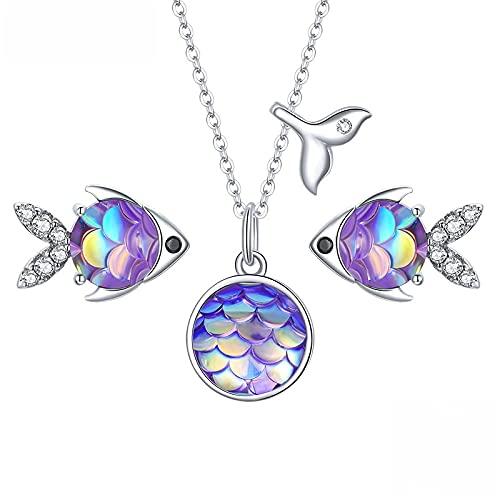 PAHALA 925 Sterling Silver Sparkling Fishtail Scale Blue Ocean Chain Link Pendant Wedding Necklace