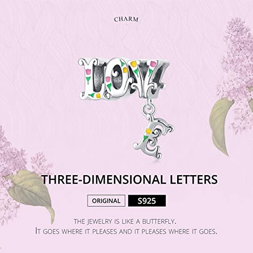 PAHALA 925 Sterling Silver Enamel Flowers Letters Love Pendant Charm Bead